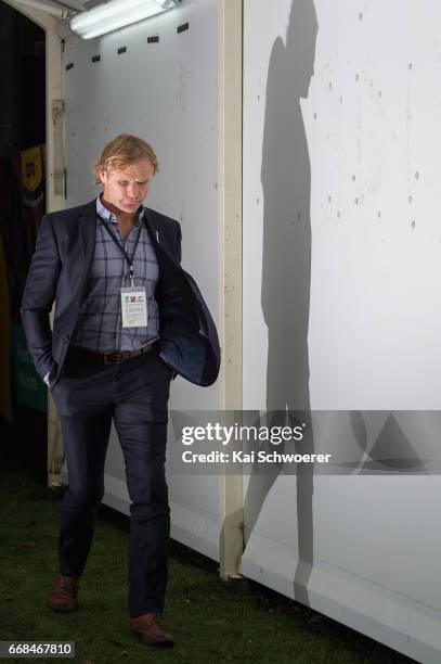 Head Coach Scott Robertson of the Crusaders looks on prior to the round eight Super Rugby match between the Crusaders and the Sunwolves at AMI...