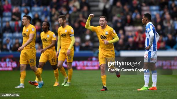 Aiden McGeady of Preston celebrates scoring the first goal during the Sky Bet Championship match between Huddersfield Town and Preston North End at...