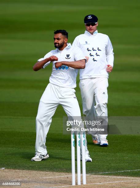 Ajmal Shahzad of Sussex dances as he celebrates claiming the wicket of Sam Northeast of Kent during day one of the Specsavers County Championship...