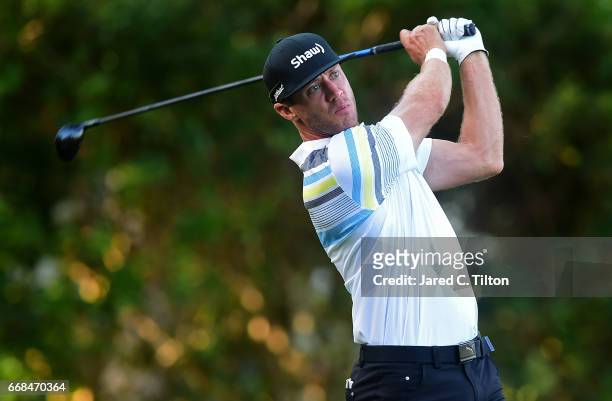 Graham DeLaet of Canada plays his tee shot on the sixth hole during the second round of the 2017 RBC Heritage at Harbour Town Golf Links on April 14,...