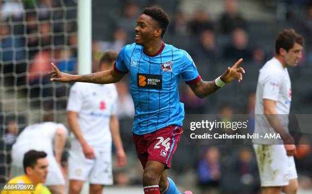 Ivan Toney of Scunthorpe United celebrates after scoring to make it 0-1 during the Sky Bet League One match between MK Dons and Scunthorpe United at...