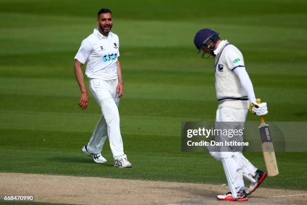 Ajmal Shahzad of Sussex celebrates claiming the wicket of Sam Northeast of Kent during day one of the Specsavers County Championship Division Two...