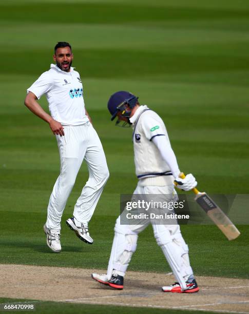 Ajmal Shahzad of Sussex celebrates claiming the wicket of Sam Northeast of Kent during day one of the Specsavers County Championship Division Two...