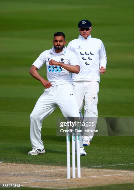 Ajmal Shahzad of Sussex dances as he celebrates claiming the wicket of Sam Northeast of Kent during day one of the Specsavers County Championship...