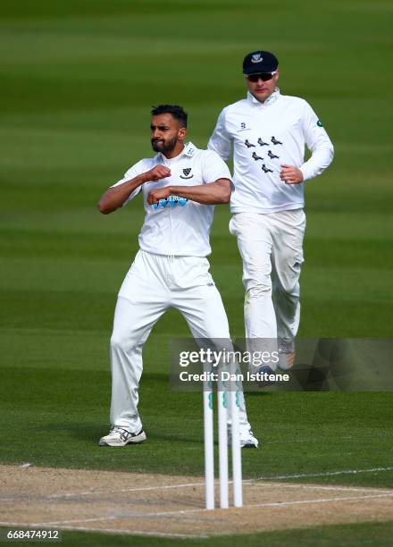 Ajmal Shahzad of Sussex dances as he celebrates claiming the wicket of Sam Northeast of Kent during day one of the Specsavers County Championship...