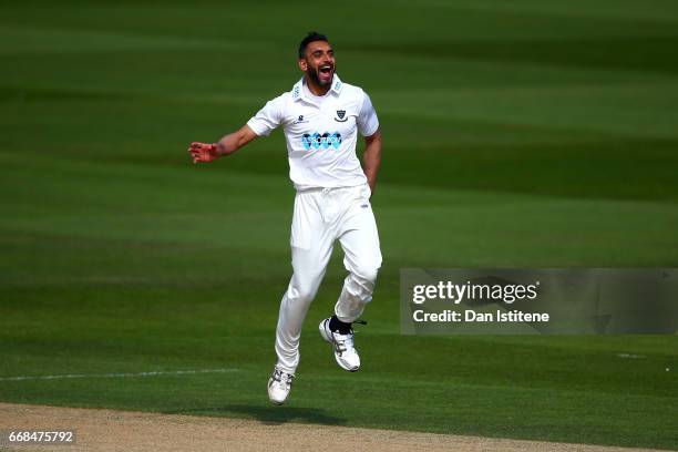 Ajmal Shahzad of Sussex reacts during day one of the Specsavers County Championship Division Two match between Sussex and Kent at The 1st Central...