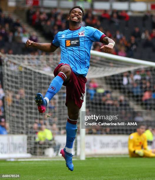 Ivan Toney of Scunthorpe United celebrates after scoring to make it 0-1 during the Sky Bet League One match between MK Dons and Scunthorpe United at...