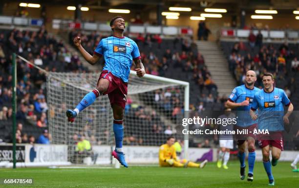 Ivan Toney of Scunthorpe United celebrates after scoring to make it 0-1 during the Sky Bet League One match between MK Dons and Scunthorpe United at...