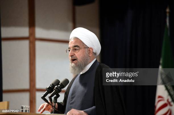 President of Iran Hassan Rouhani speaks during a press conference in in Tehran, Iran on April 14, 2017 after he submitted his application of...