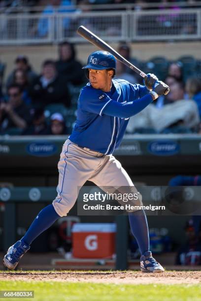Raul Mondesi of the Kansas City Royals bats against the Minnesota Twins on April 6, 2017 at Target Field in Minneapolis, Minnesota. The Twins...