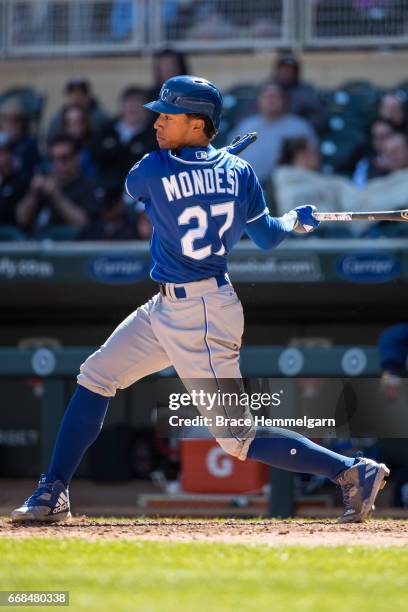 Raul Mondesi of the Kansas City Royals bats against the Minnesota Twins on April 6, 2017 at Target Field in Minneapolis, Minnesota. The Twins...