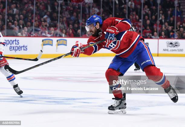 Shea Weber of the Montreal Canadiens clears the puck against the New York Rangers in Game One of the Eastern Conference Quarterfinals during the 2017...