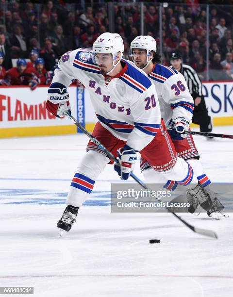 Chris Kreider of the New York Rangers fires a slap shot against the Montreal Canadiens in Game One of the Eastern Conference Quarterfinals during the...