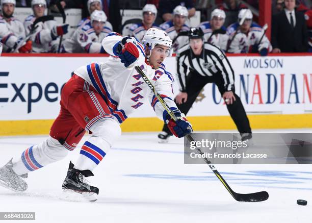 Ryan McDonagh of the New York Rangers passes the puck against the Montreal Canadiens in Game One of the Eastern Conference Quarterfinals during the...