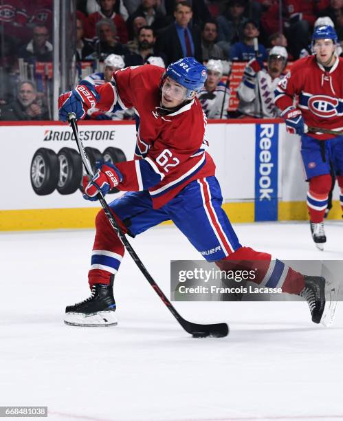 Artturi Lehkonen of the Montreal Canadiens fires a slap shot against the New York Rangers in Game One of the Eastern Conference Quarterfinals during...