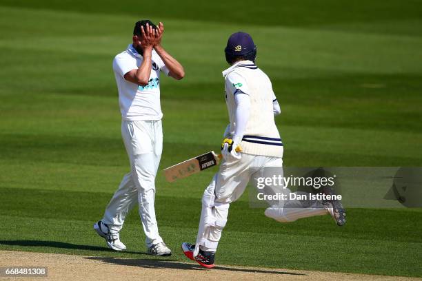 Ajmal Shahzad of Sussex reacts during day one of the Specsavers County Championship Division Two match between Sussex and Kent at The 1st Central...