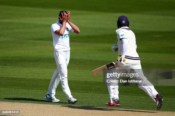 Ajmal Shahzad of Sussex reacts during day one of the Specsavers County Championship Division Two match between Sussex and Kent at The 1st Central...