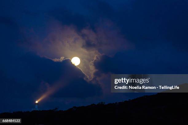 byron bay lighthouse and the full moon, australia - byron bay lighthouse stock pictures, royalty-free photos & images