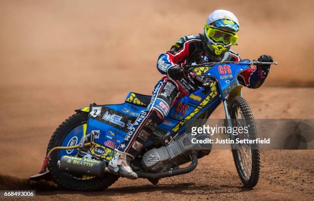 Riders in action during the Poole Pirates v Somerset Rebels speedway at Poole Stadium on April 14, 2017 in Poole, England.