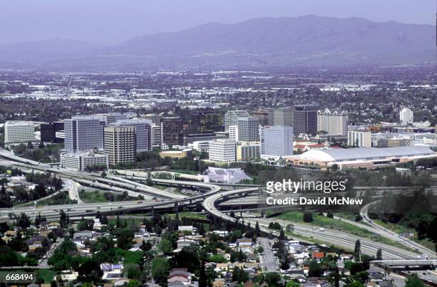 Large freeways curl through the city April, 2000 in San Jose, CA. San Jose is experiencing a boom due to the large number of high-tech companies in...