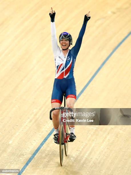 Katie Archibald of Great Britain celebrates after winning the Women's points Race Final on Day 3 in 2017 UCI Track Cycling World Championships at...