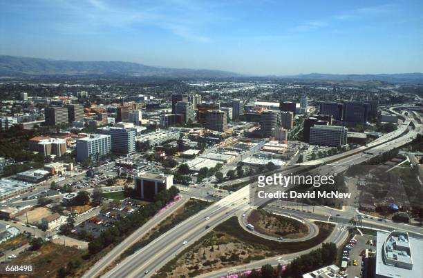 Large freeways curl through the city April, 2000 in San Jose, CA. San Jose is experiencing a boom due to the large number of high-tech companies in...