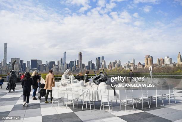 Sculptures of "The Roof Garden Commission: Adrian Villar Rojas, The Theater of Disappearance" are seen at the Metropolitan Museum of Art on April 14,...