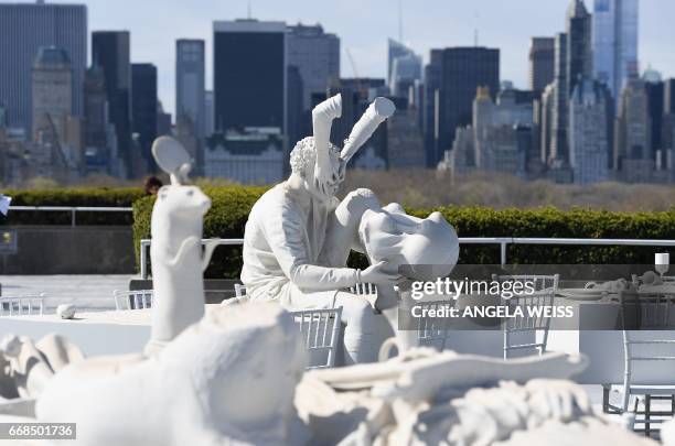 Sculptures of "The Roof Garden Commission: Adrian Villar Rojas, The Theater of Disappearance" are seen at the Metropolitan Museum of Art on April 14,...