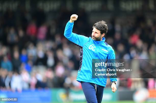 Lincoln City manager Danny Cowley celebrates the win during the Vanarama National League match between Lincoln City and Torquay United at Sincil Bank...