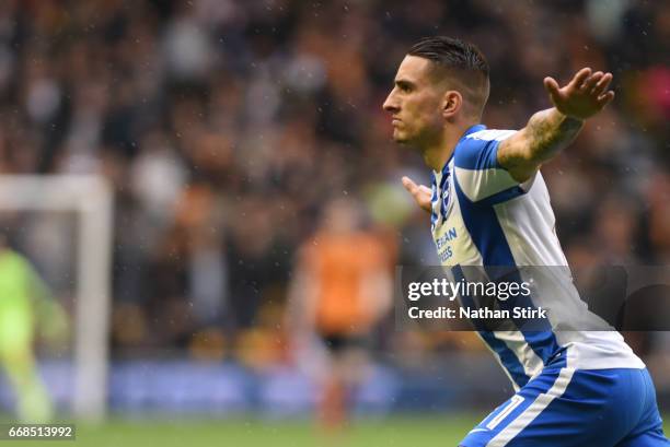 Anthony Knockaert of Brighton & Hove Albion celebrates after scoring during the Sky Bet Championship match between Wolverhampton Wanderers and...