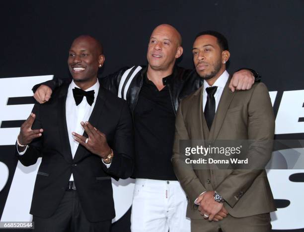 Tyrese Gibson, Vin Diesel and Chris "Ludacris" Bridges attend "The Fate of The Furious" New York Premiere at Radio City Music Hall on April 8, 2017...