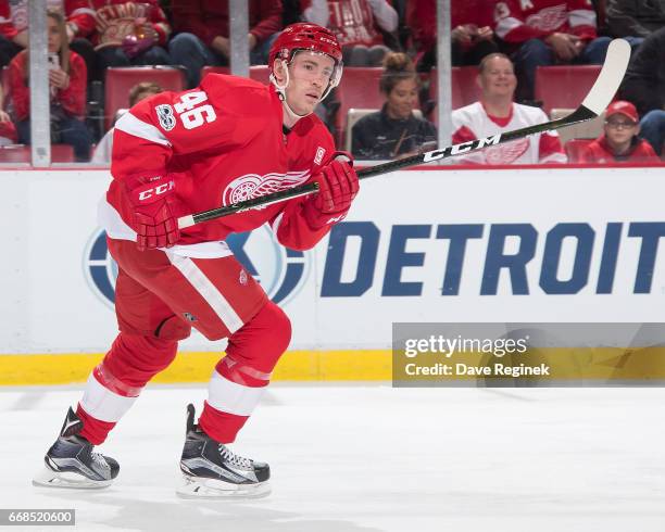 Ben Street of the Detroit Red Wings skates up ice against the Montreal Canadiens during an NHL game at Joe Louis Arena on April 8, 2017 in Detroit,...