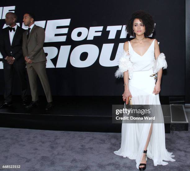 Tyrese Gibson, Chris "Ludacris" Bridges and Nathalie Emmanuel attend "The Fate of The Furious" New York Premiere at Radio City Music Hall on April 8,...