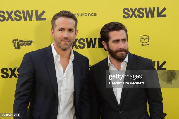 Ryan Reynolds and Jake Gyllenhaal walk the red carpet at the world premiere of Life during the SxSW Film Festival at the ZACH Theater on March 18,...