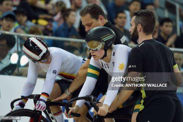 Kristina Vogel of Germany and Stephanie Morten of Australia prepare to start the Women's Sprint Final at the Hong Kong Velodrome during the Track...
