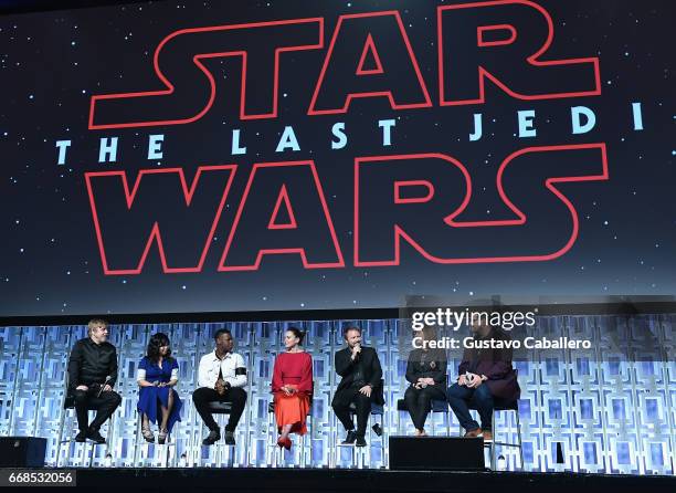 Mark Hamill, Kelly Marie Tran ,John Boyega, Daisy Ridley, Rian Johnson, Kathleen Kennedy and Josh Gad attend the Star Wars Celebration day 02 on...