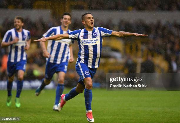 Anthony Knockaert of Brighton & Hove Albion celebrates after scoring during the Sky Bet Championship match between Wolverhampton Wanderers and...