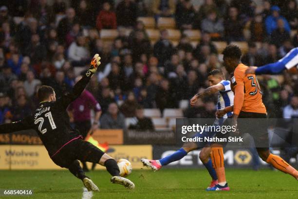 Anthony Knockaert of Brighton & Hove Albion scores the second goal during the Sky Bet Championship match between Wolverhampton Wanderers and Brighton...