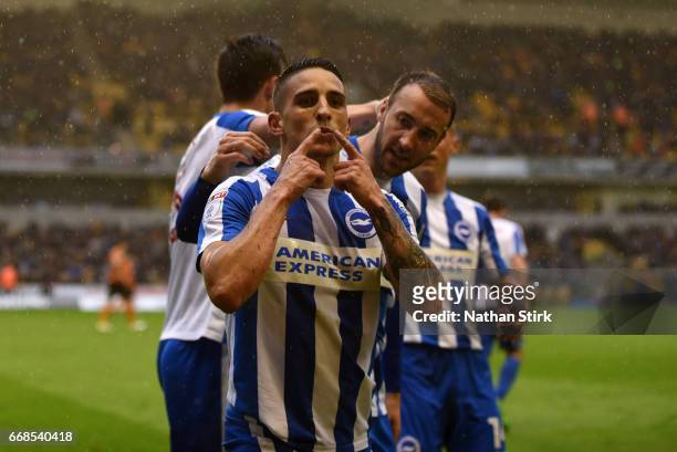 Anthony Knockaert of Brighton & Hove Albion celebrates after scoring during the Sky Bet Championship match between Wolverhampton Wanderers and...