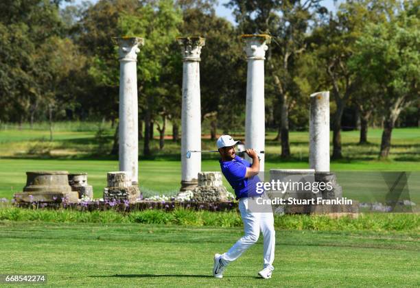 Alexander Levy of France plays an iron during day 2 of the Trophee Hassan II at Royal Golf Dar Es Salam on April 14, 2017 in Rabat, Morocco.