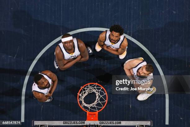 Tony Allen, Zach Randolph, Mike Conley and Marc Gasol of the Memphis Grizzlies pose for a group shot on April 11, 2017 at FedEx Forum in Memphis,...