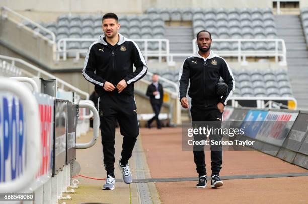 Aleksandar Mitrovic and Vurnon Anita of Newcastle United arrives prior to kick off of the Sky Bet Championship Match between Newcastle United and...