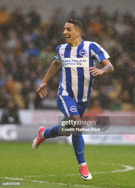 Anthony Knockaert of Brighton & Hove Albion celebrates after scoring the second goal during the Sky Bet Championship match between Wolverhampton...