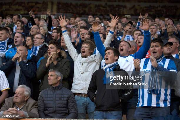 Brighton & Hove Albion fans sing during the Sky Bet Championship match between Wolverhampton Wanderers and Brighton & Hove Albion at Molineux Stadium...