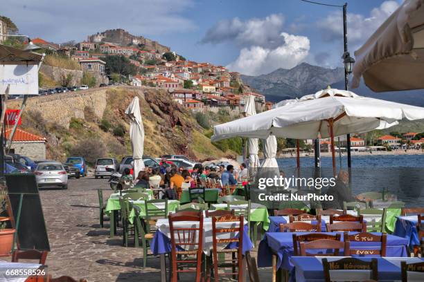 The little fishing port of Molyvos , in Lesvos island, Aegean Sea, Greece, Europe. Lesvos is an island in the North Aegean sea. Molyvos or Molivos is...