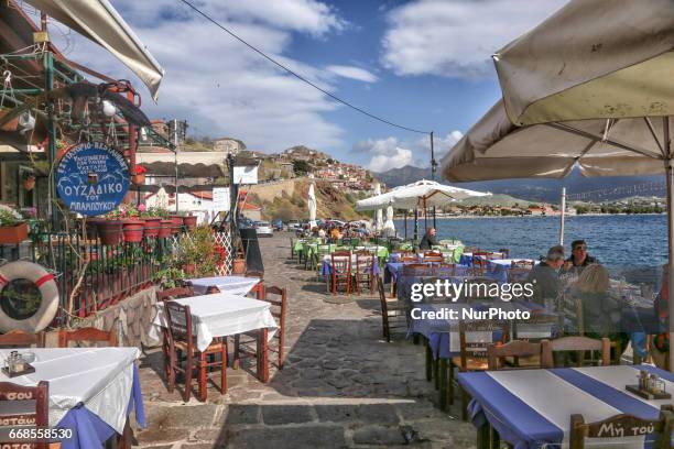 The little fishing port of Molyvos , in Lesvos island, Aegean Sea, Greece, Europe. Lesvos is an island in the North Aegean sea. Molyvos or Molivos is...