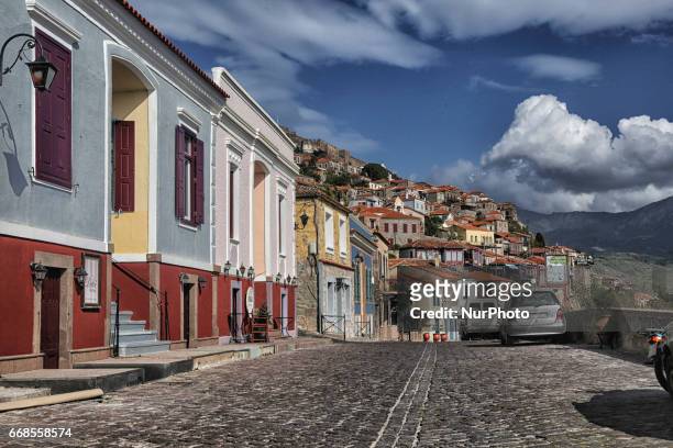The little fishing port of Molyvos , in Lesvos island, Aegean Sea, Greece, Europe. Lesvos is an island in the North Aegean sea. Molyvos or Molivos is...