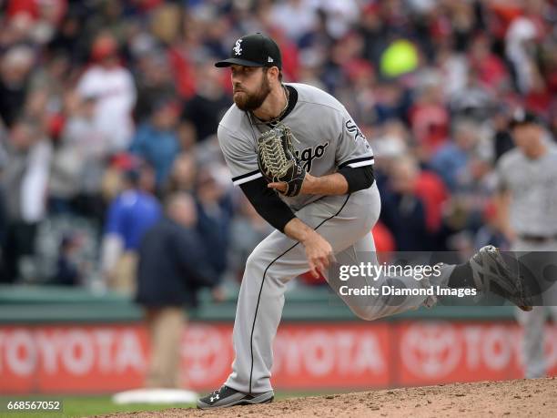 Pitcher Zach Putnam of the Chicago White Sox throws a pitch during a game on April 11, 2017 against the Cleveland Indians at Progressive Field in...