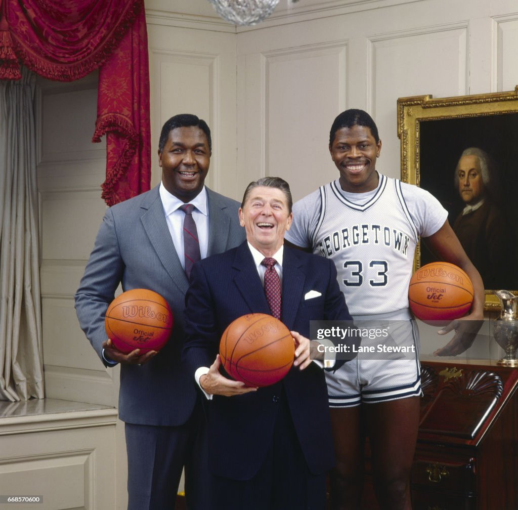 United States President Ronald Reagan with Georgetown University Coach John Thompson and Patrick Ewing