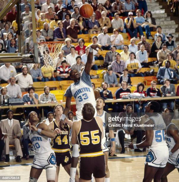 Playoffs: Georgetown Patrick Ewing in action, defense vs Wyoming at Smith Spectrum. Logan, UT 3/13/1982 CREDIT: Heinz Kluetmeier